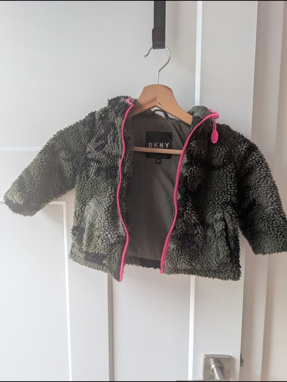 DKNY Olive Green Sherpa Puffer Jacket with Pink Zipper - Kids